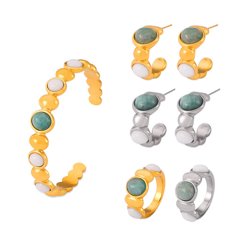 Wholesale Geometric inlaid natural stone stitching round beads titanium steel jewelry set